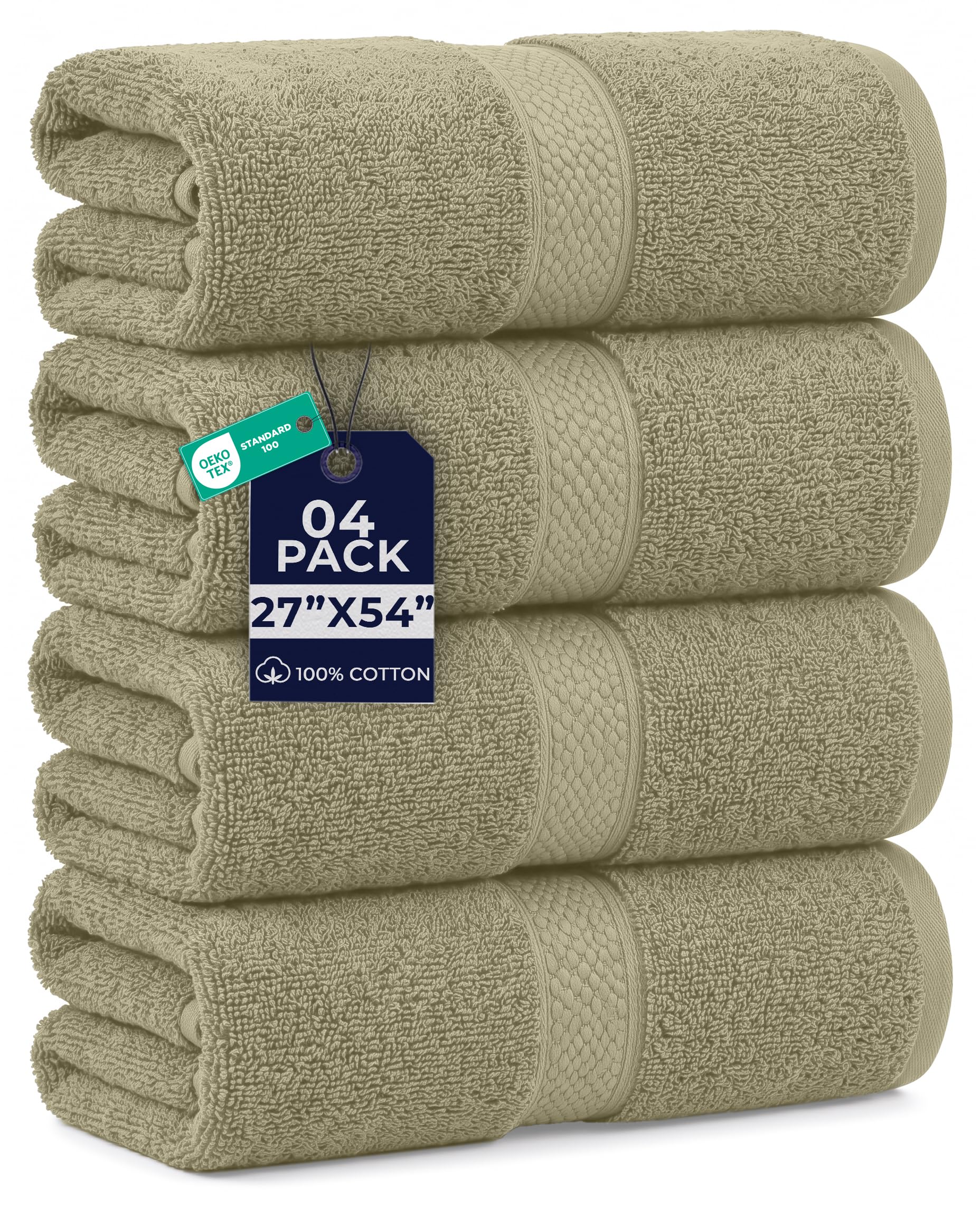 DAN RIVER 600 GSM Cotton Large Bath Towels Set of 4, 27 x 54 Inches, Beige