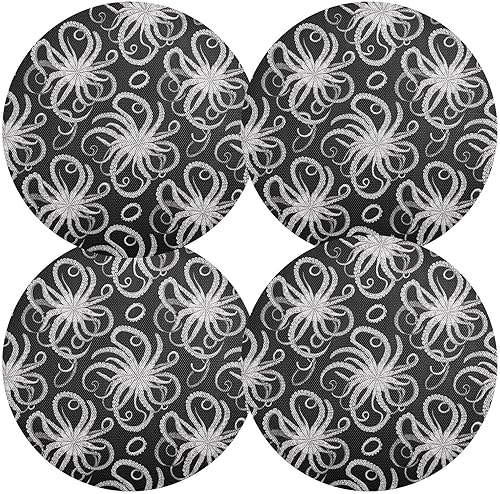 Miniatura 2 de Manteles individuales redondos de pulpo blanco y gris, negro, antideslizantes, lavables para mesa de cocina, juego de 6