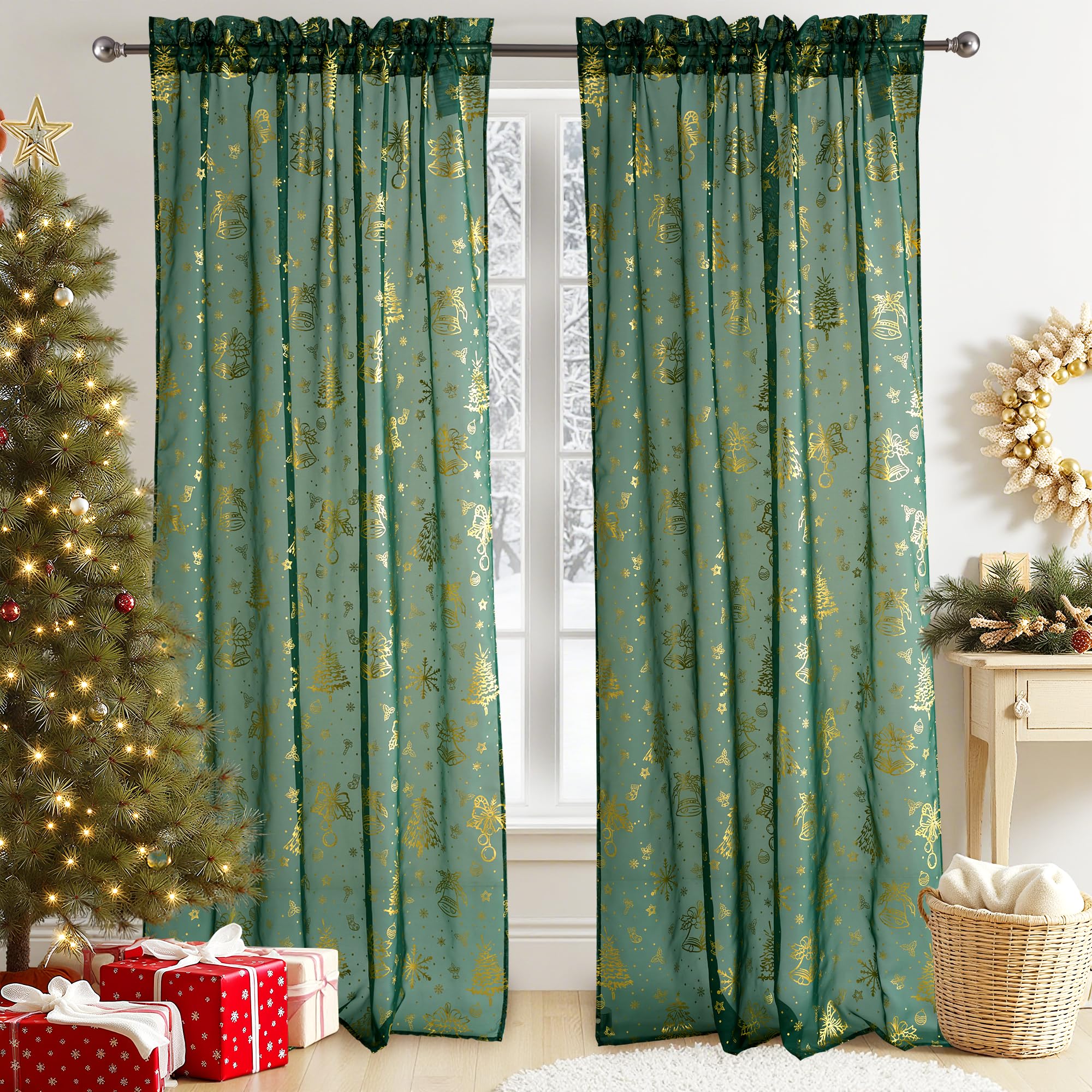 PONY DANCE Green Christmas Voile Curtains - Xmas Gold Foil Snowflake Bell Design, Slot Top Net Panels for Home Decor, Semi-Sheer Holiday Drapes, Set of 2, 52x84 inches โ image 1
