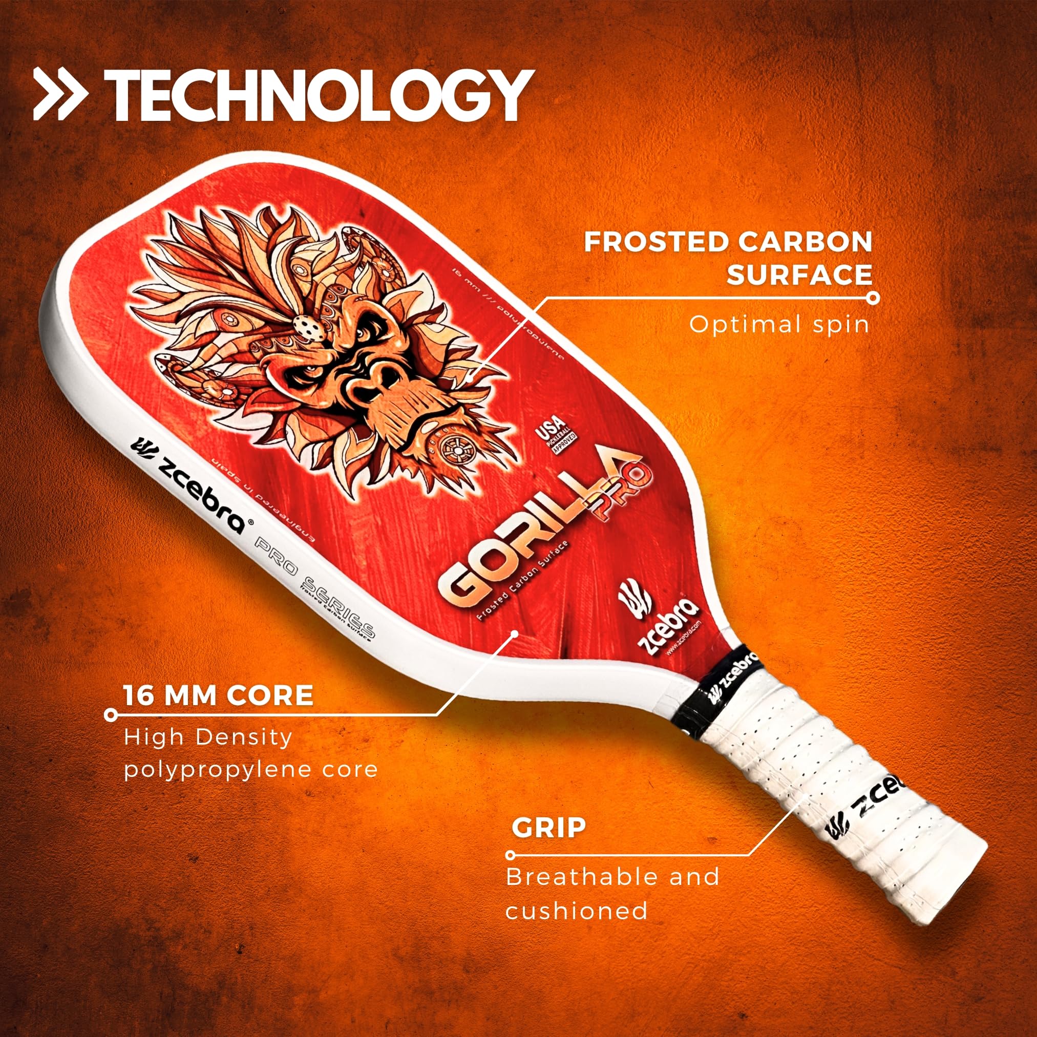 Pickleball Paddle Graphite – Raquette en Fibre de Carbone renforcé 16 mm d'épaisseur de Panneau d'abeille en polypropylène Texture Rugueuse – Set Housse en néoprène – Gorilla Pro Orange