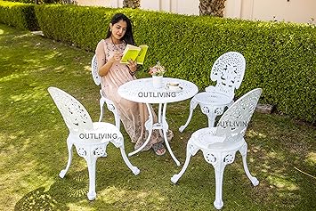 OUTLIVING Cast Aluminium 4 Seater Garden Patio Seating Chair and Table Set for Balcony Home Outdoor Patio Furniture with 1 Table and 4 Chair - (White)