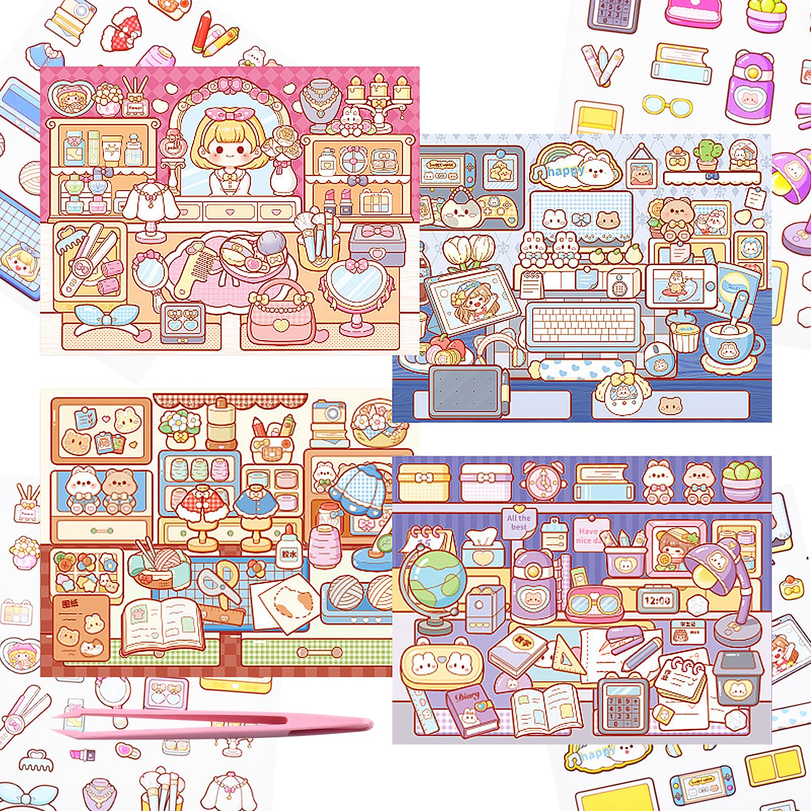 4 Sets Fun Mini Desktop Scene Stickers with Tweezers Desk Computer Desk Study Desk Scenes Stickers Cute Micro Desktop Craft Scrapbook Stickers for Relief Stress Pass The Time — image 1