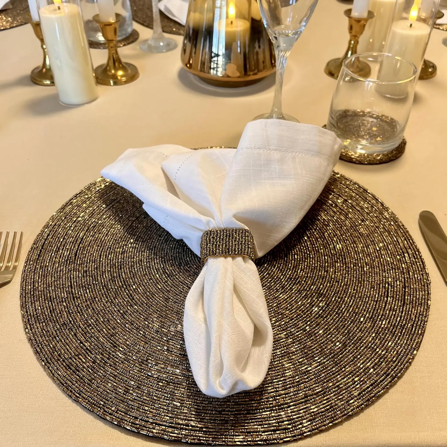Glass Bead Placemat, Handmade Round Tablemat with Fabric Back, Dining Table Mats in Antique Gold, Set of 4-14 in
