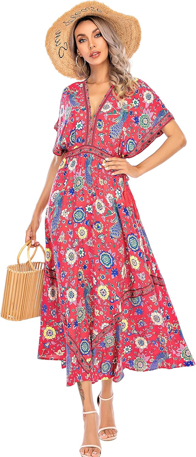 RVivimos Women Summer Print Deep V Neck Cotton Beach Dresses
