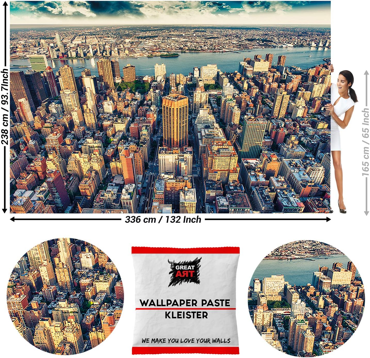 GREAT ART Photo Wallpaper New York City Skyline Decoration 132.3x93.7in / 336x238cm – USA Amerika Big Apple View Skyscrapers East River Mural – 8 Pieces Includes Paste