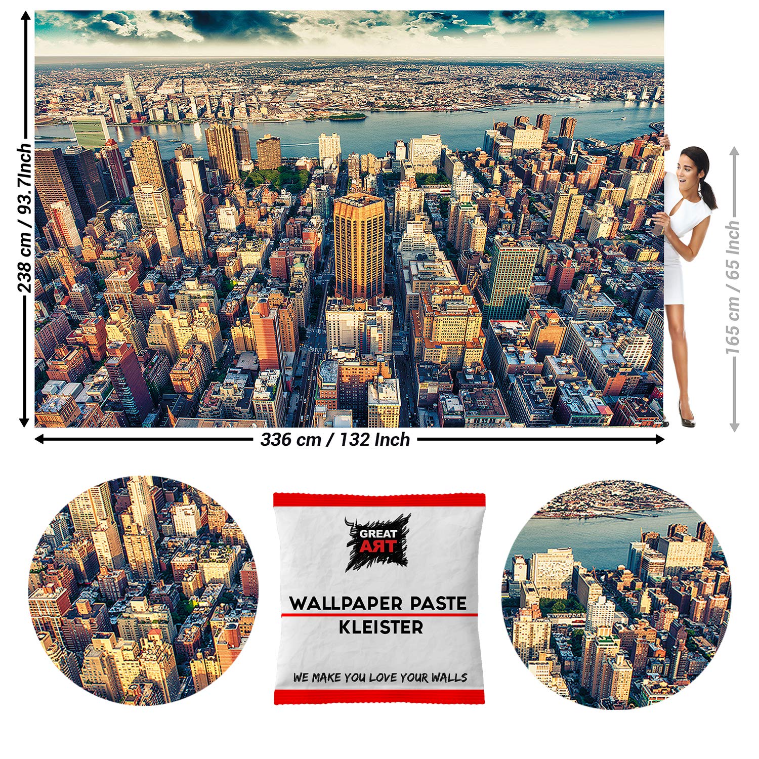 GREAT ART Photo Wallpaper New York City Skyline Decoration 132.3x93.7in / 336x238cm – USA Amerika Big Apple View Skyscrapers East River Mural – 8 Pieces Includes Paste