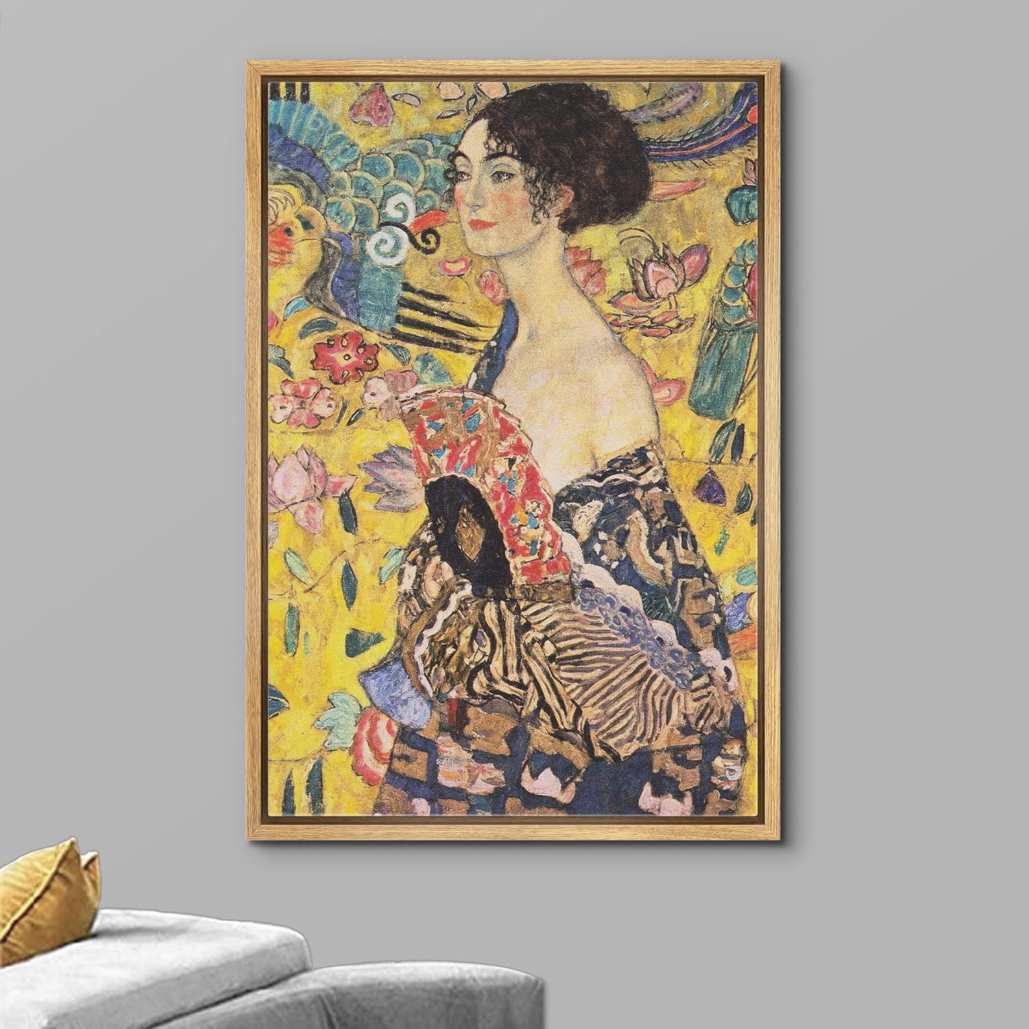 wall26 Framed Canvas Print Wall Art Lady with a Fan by Gustav Klimt People Historic Illustrations Fine Art Traditional Scenic Colorful Ultra for Living Room, Bedroom, Office - 24"x36" Natural