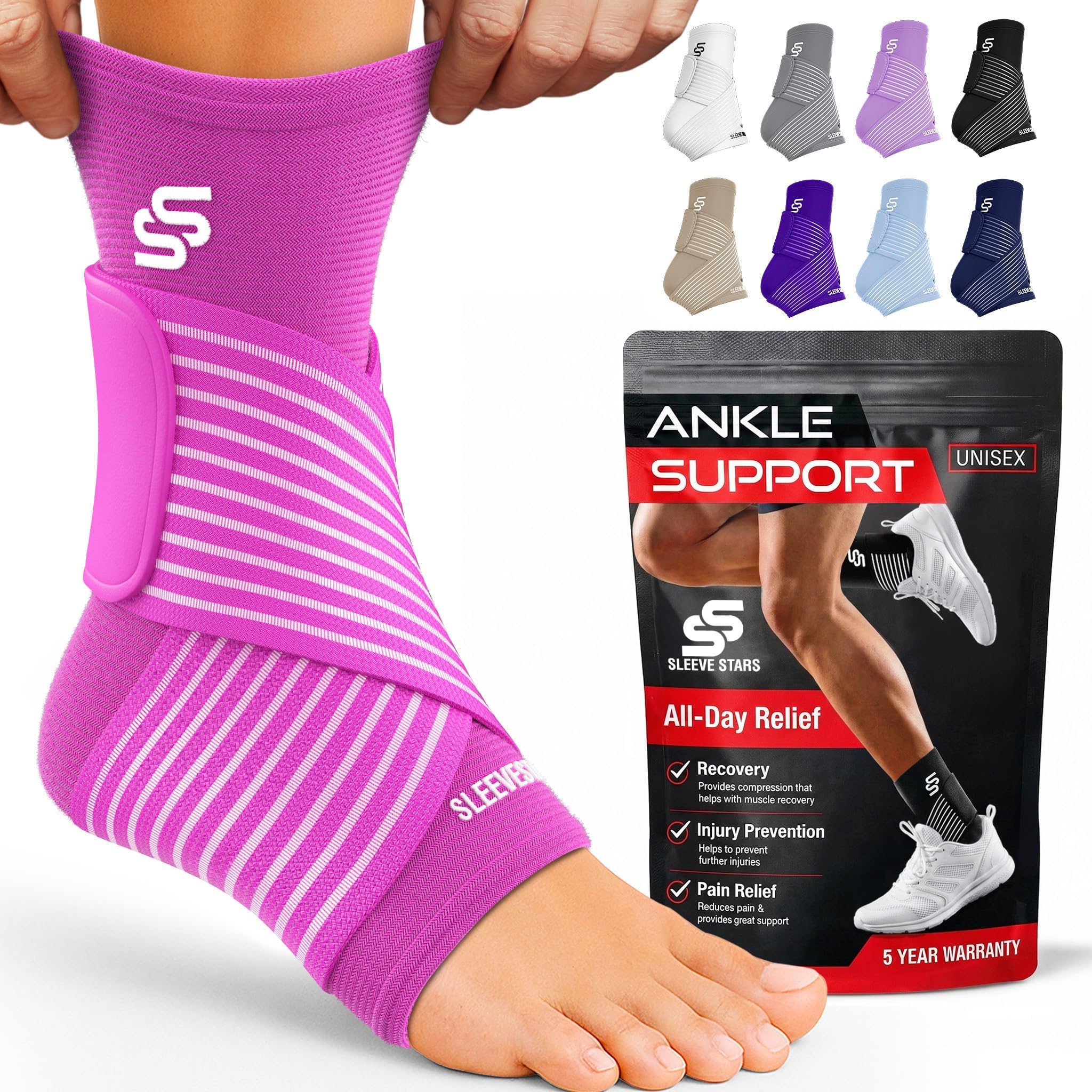 Sleeve Stars Ankle Brace for Women & Men, Ankle Wrap for Sprain, Compression Sleeve for Plantar Fasciitis Relief, Easy Customizable Support: w/Removable Strap (Single/M:10"-12"/Hot Pink)