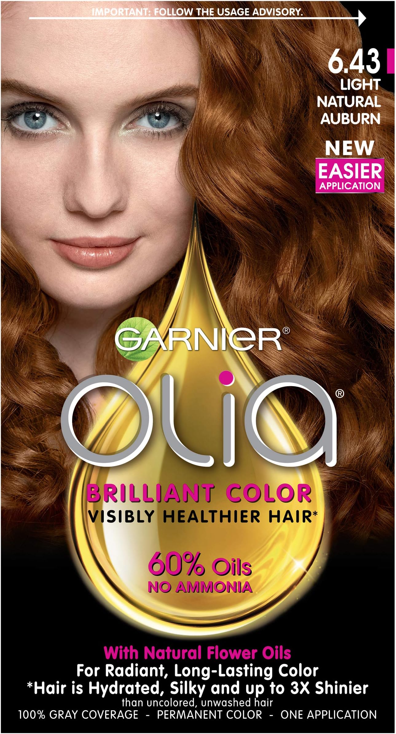 Olia Ammonia Free Permanent Hair Color, 100% Gray Coverage (Packaging May Vary), 6.43 Light Natural Auburn, Red Hair Dye, Pack of 1