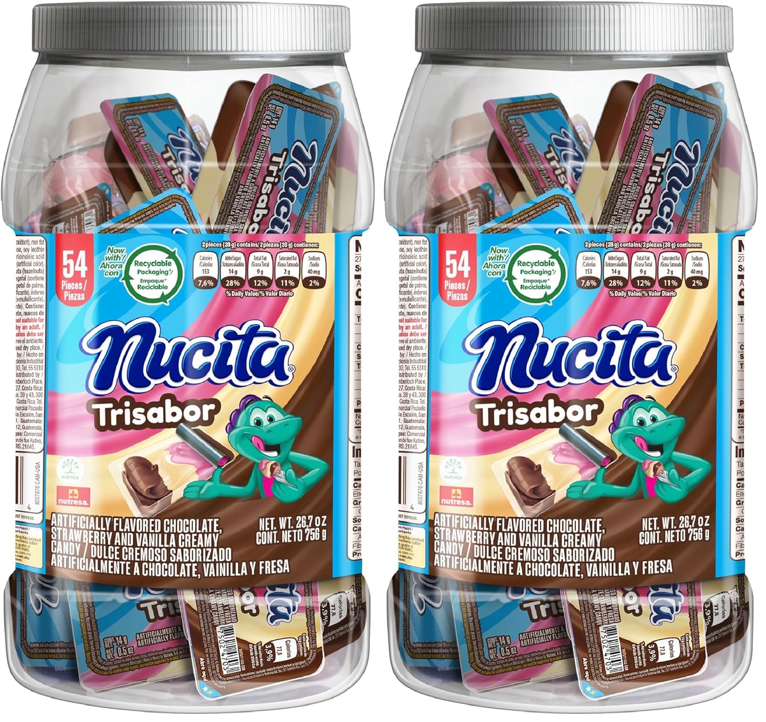 NUCITA Trisabor Jar, Delicious On-The-Go Treat, Chocolate, Vanilla & Strawberry Flavors, 54 Pieces Total, 28.57 Oz (Pack of 2)