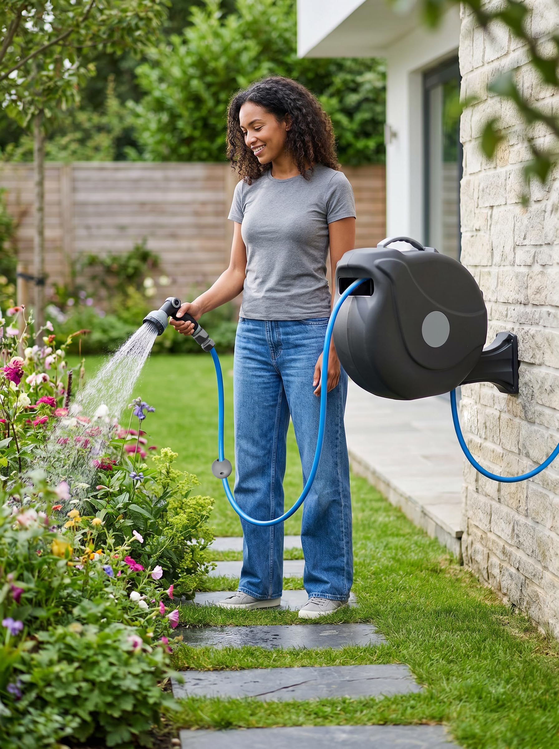 QUICK STAR Schlauchtrommel Zulu 20 m +2m, Automatik Rollup, 180° schwenkbar, 10 Modi Multi Handbrause, Aquablue Qualitätsschlauch, Gartenschlauch Wandhalterung Universalkupplung