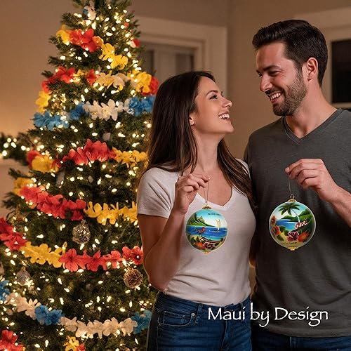 Miniatura 8 de Adorno Escénico de Hawái Coleccionable Pintado a Mano en Vidrio con Caja de Regalo OTH/H Hawaiano escénico,Keiki, Polluelos y Gallo,Hibisco