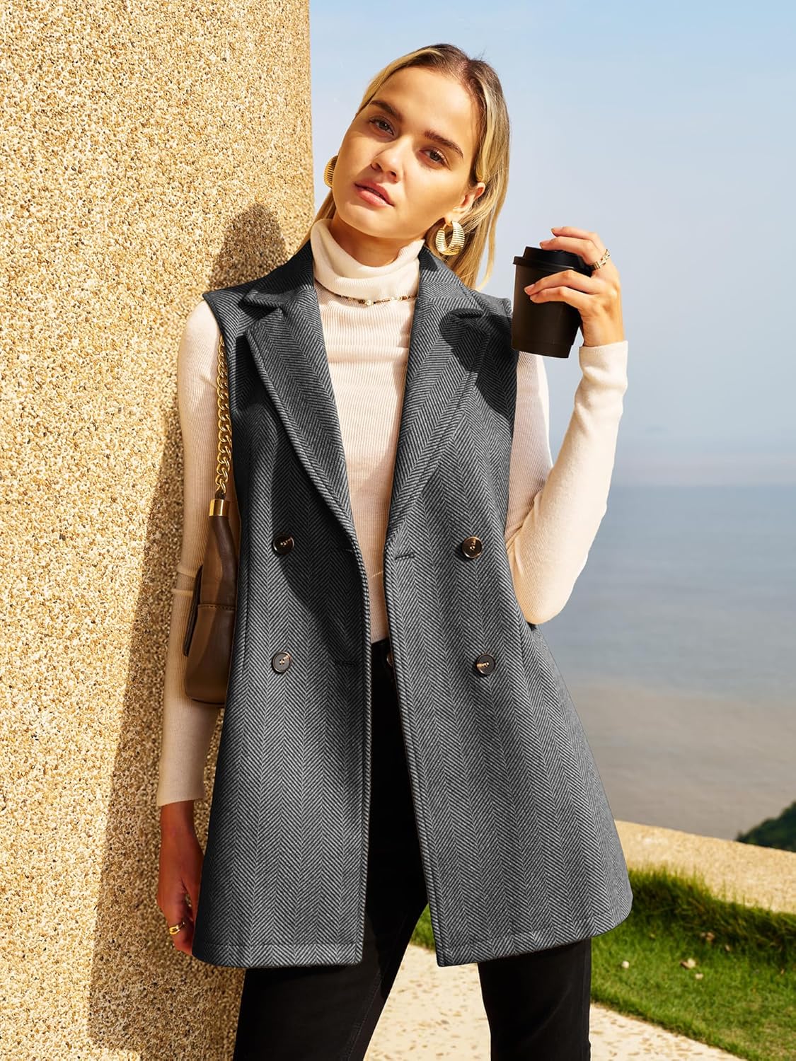 ELLEVEN Women’s Tweed Long Vest Sleeveless Herringbone Double Breasted Fall Winter Blazer Jackets Casual Fashion Outerwear - Image 4