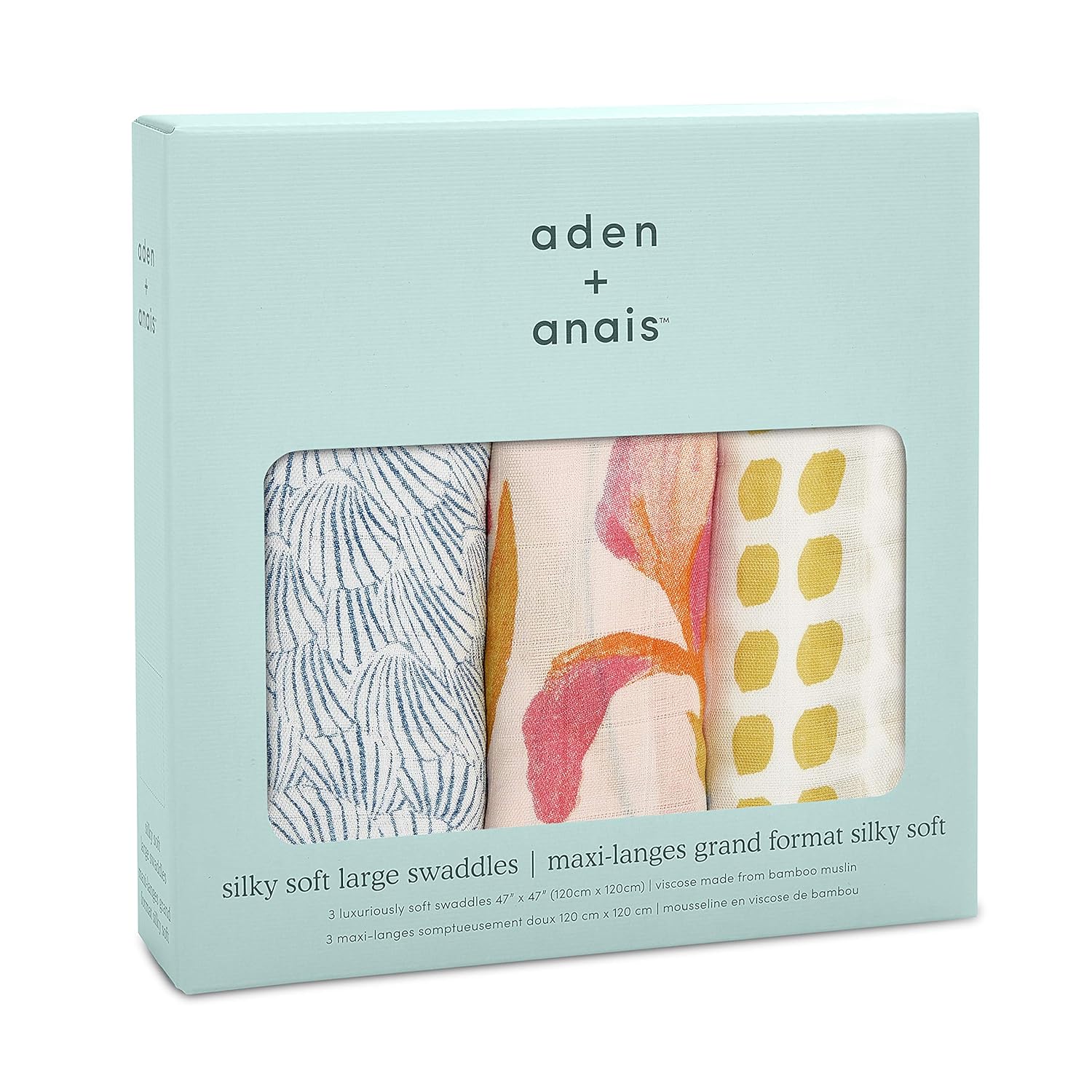 aden + anais Silky Soft Swaddle Blanket | 100% Bamboo Viscose Muslin Blankets for Girls & Boys | Baby Receiving Swaddles | Ideal Newborn & Infant Swaddling Set | 3 Pack, Marine Gardens