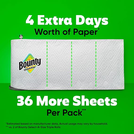 Bounty Paper Towels Quick Size, White, 2 Family Triple Rolls  6+ Regular Rolls
