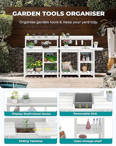 Miniatura 4 de SERWALL Banco de macetas para exteriores con fregadero extraíble, mesa para macetas de polietileno de alta densidad resistente a la putrefacción