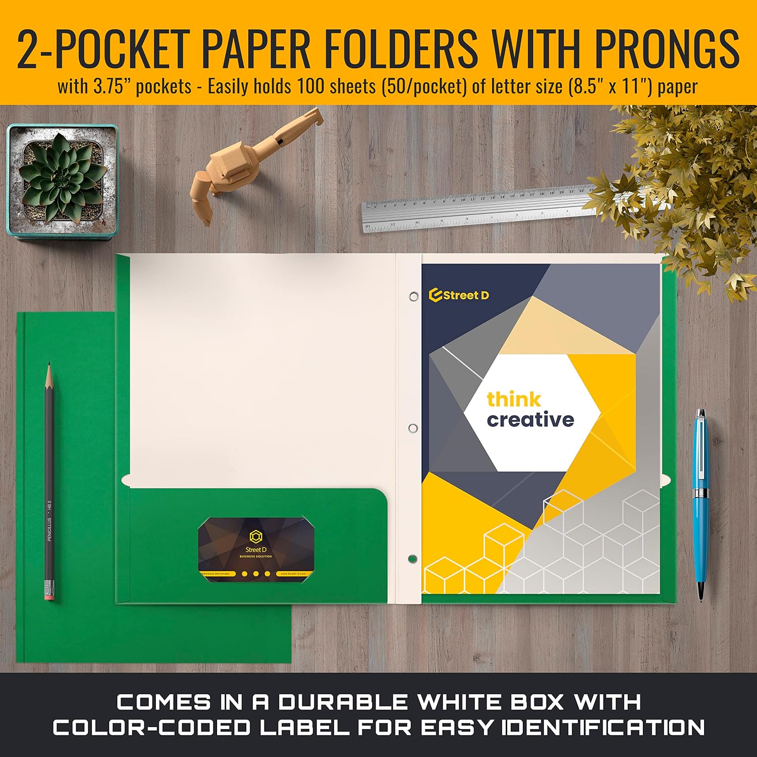 Better Office Products Green Paper 2 Pocket Folders with Prongs, 50 Pack, Matte Texture, Letter Size Paper Folders, 50 Pack, with 3 Metal Prong Fastener Clips, Green