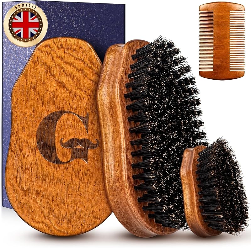 Beard Brush & Comb Set for Men British Craftsmanship Handmade | Boar Bristle Beard Brush Set with Large & Mini Pocket Brush, Wooden Beard Comb & Grooming Accessories for Beard Care