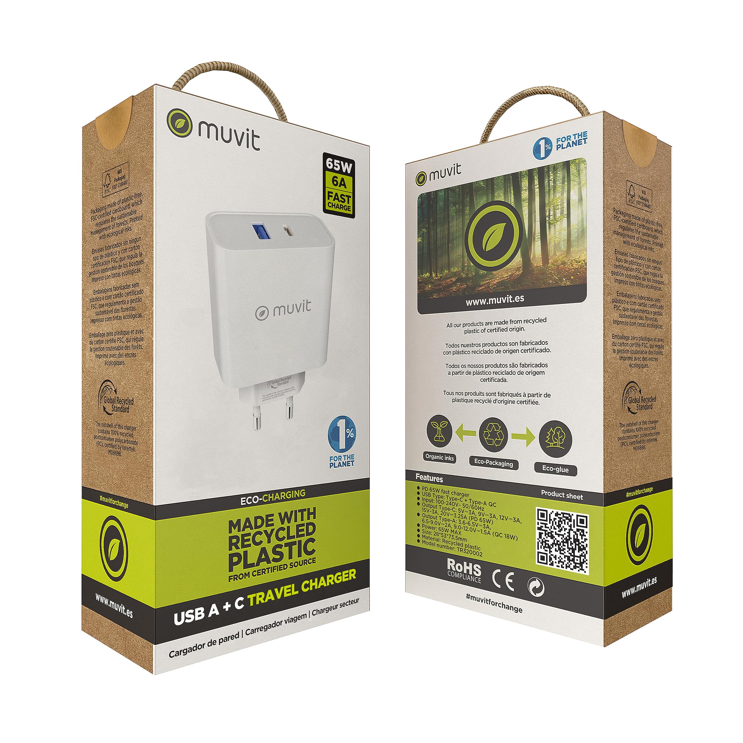 muvit for Change Cargador de Pared 1 USB QC 3.0 18W+1 Tipo C PD 65W Blanco