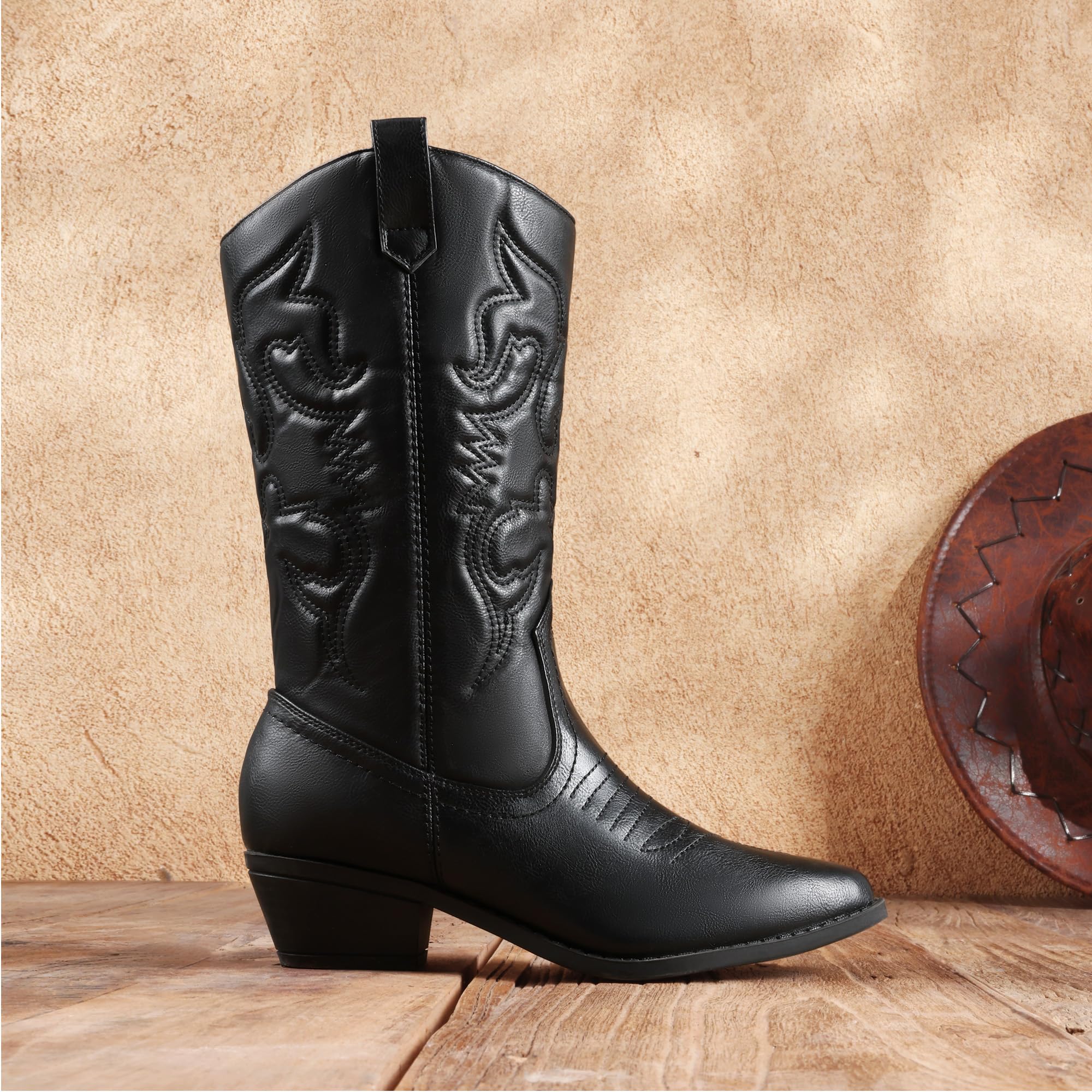 DREAM PAIRS Bottes Western Femme Boots Cowboy Mi-Mollet à Enfiler Style Cowgirl Bottines