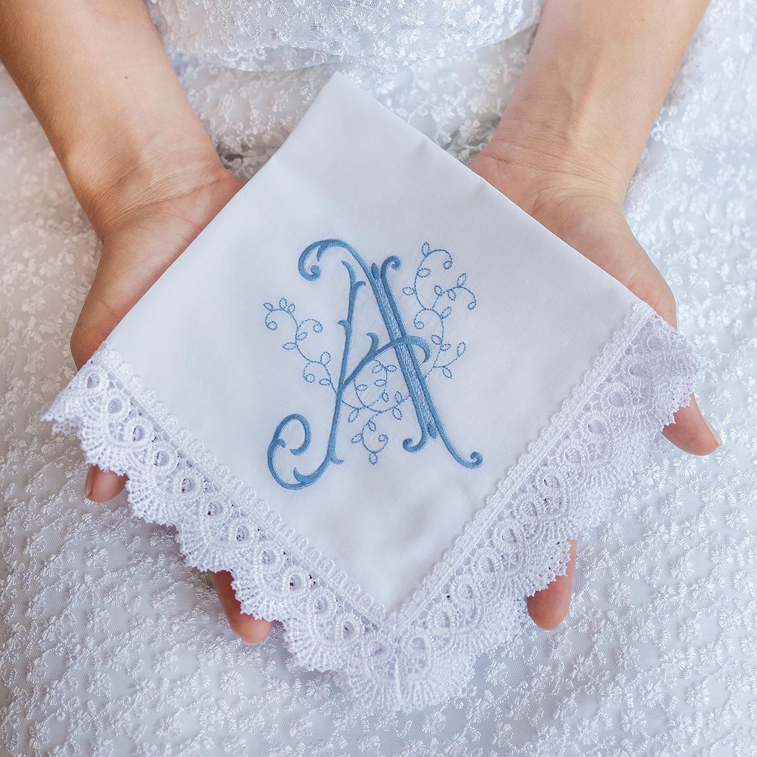 Monogrammed Handkerchiefs Mom Bride Bridesmaid Monogram Bouquet Wrap Holder Something Blue Wedding Hanky Mothers Day Galentines Gifts for Her