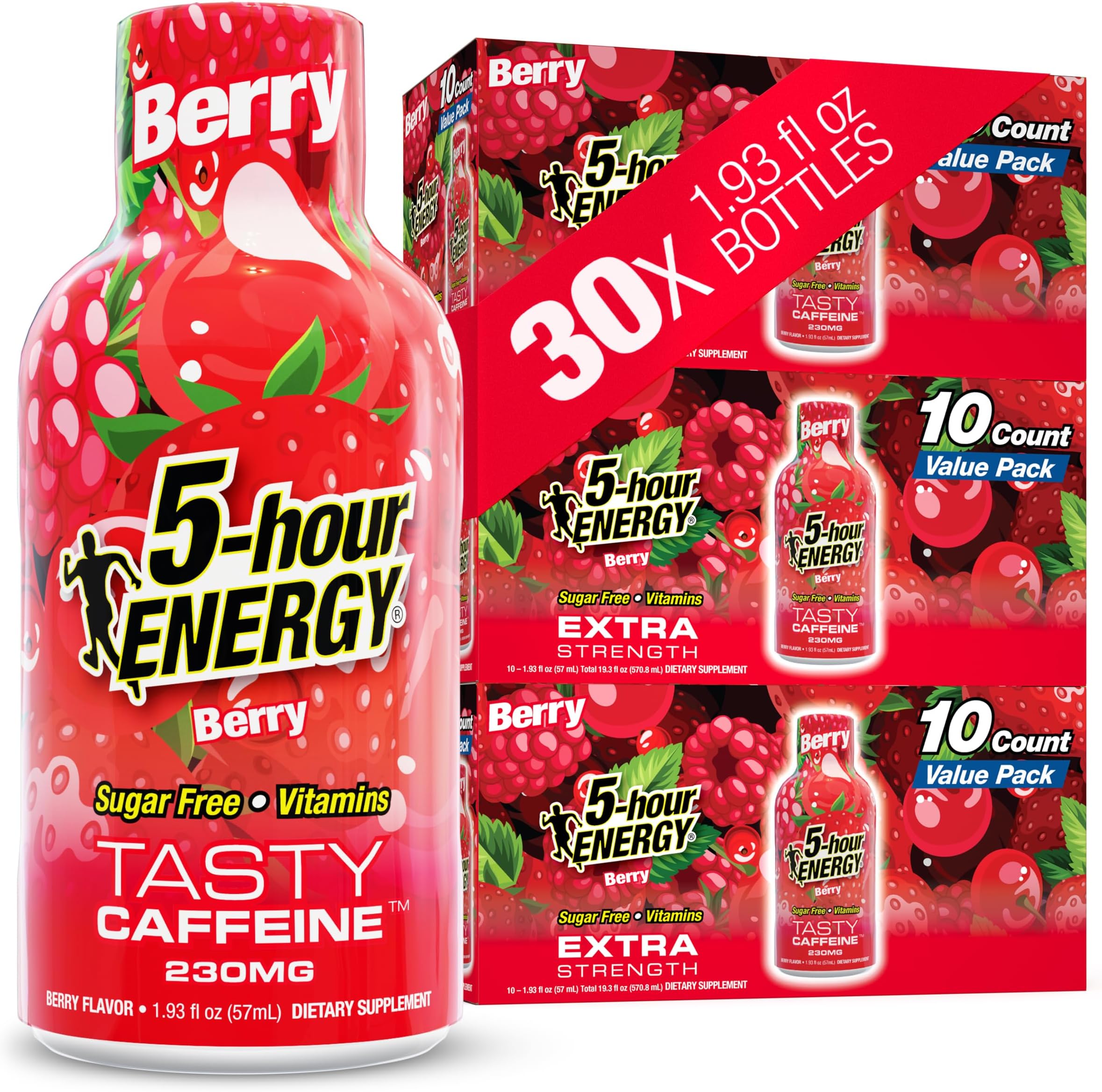 BERRY Flavor, 30 Count, 1.93 Fl Oz Energy Shot, Extra Strength, Amino Acids, B Vitamins, Sugar Free and Zero Calories