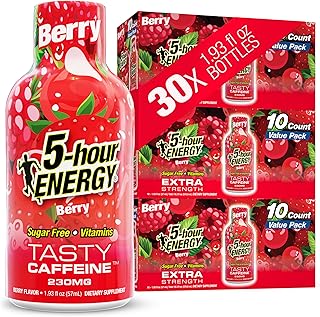 5-hour ENERGY BERRY Flavor, 30 Count, 1.93 Fl Oz Energy Shot, Extra Strength, Amino Acids, B Vitamins, Sugar Free and Zero Calories