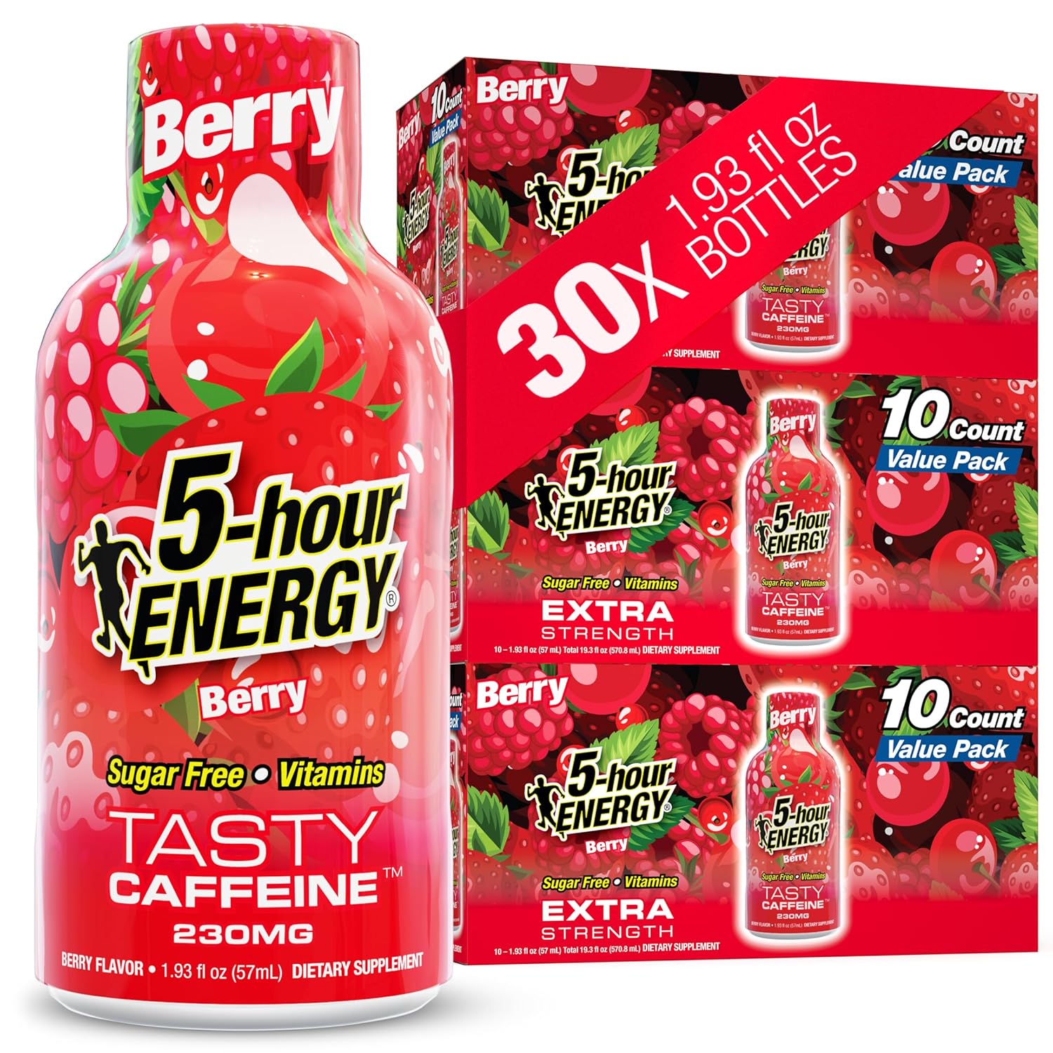 5-hour ENERGY Shots Extra Strength, Berry Flavor, 30 Count, 1.93 Fl Oz, Sugar Free, Zero Calories, Amino Acids and Essential B Vitamins, Dietary Supplement, Feel Alert and Energized, 230 mg Caffeine