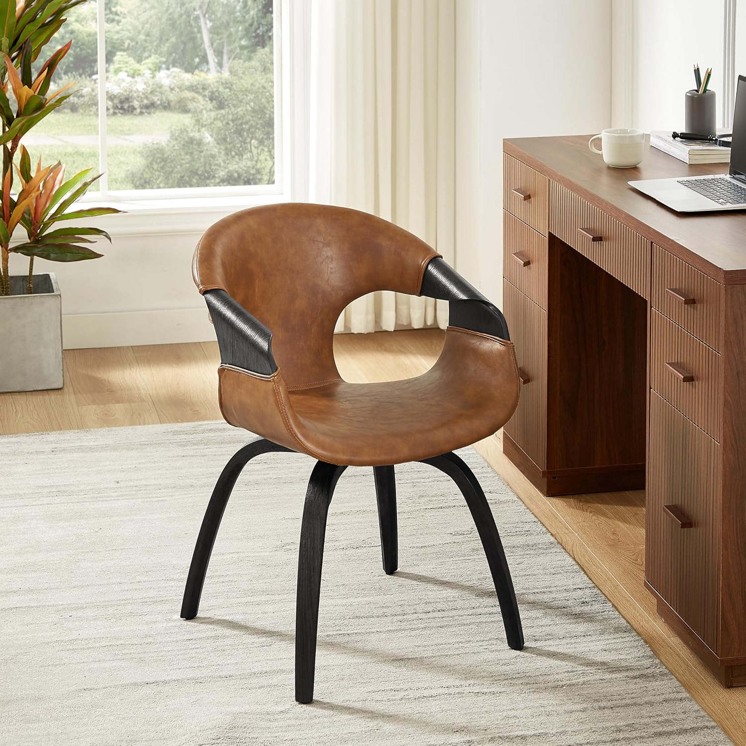 Art Leon Swivel Desk Chair No Wheels Set of 2, Mid Century Modern Office Chair, Faux Leather Upholstered Swive Chair with Wood Legs for Living Room Bedroom, Walnut Bentwood, Black/Walnut