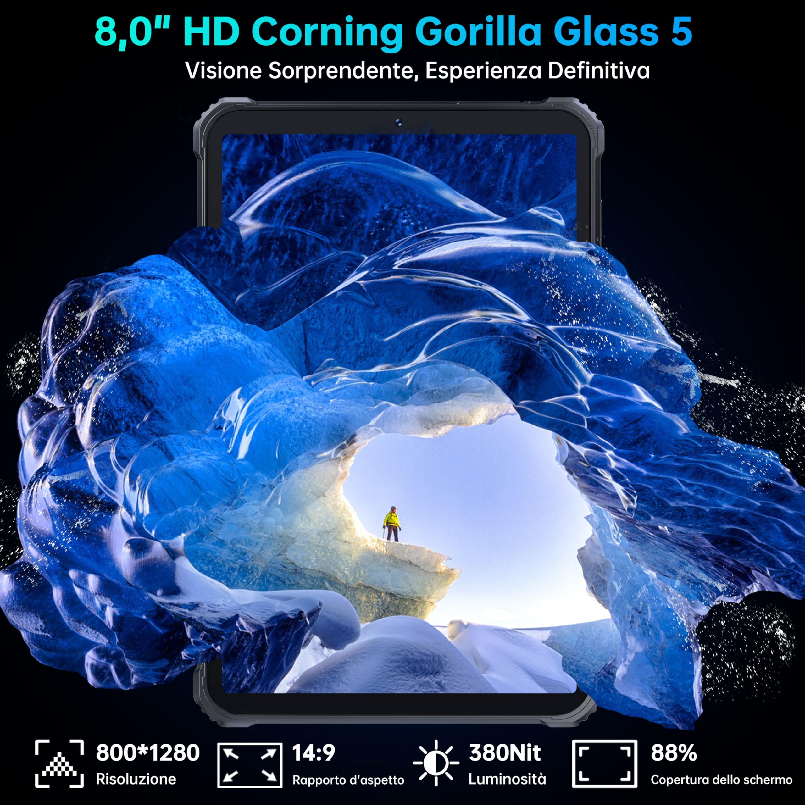 OUKITEL RT3 PRO Rugged Tablet - 8" HD Schermo - Android 14 16GB RAM + 128GB ROM/TF 1TB Tablet Robust MTK6769 Octa-Core 5150mAh 16MP+8MP Camera Tablet Impermeabile IP68/69K Dual SIM 4G Face ID Nero