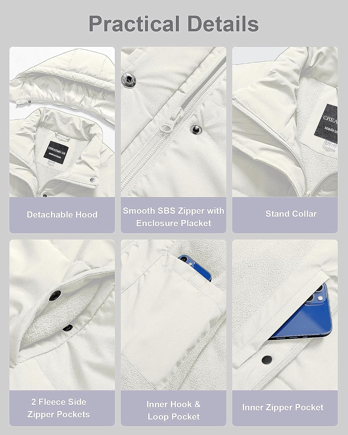 CREATMO US Women's Plus Size Warm Puffer Jacket Waterproof Fleece Lined Winter Coat with Removable Hood - Image 6