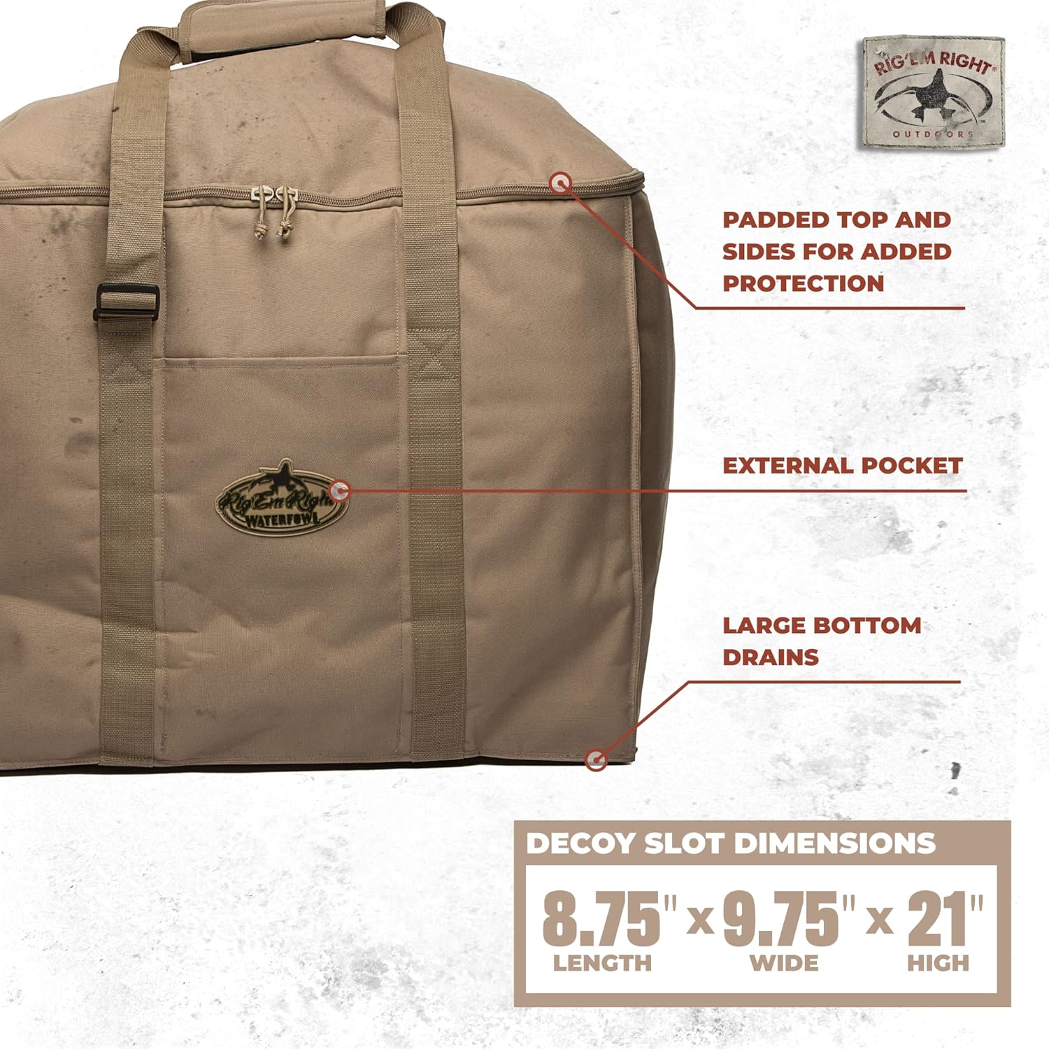 Rig'Em Right Waterfowl Deluxe 6-Slot Lesser Decoy Duck Hunting Bag with Padded Protection and Large Bottom Drains (6-Slot, Brown)