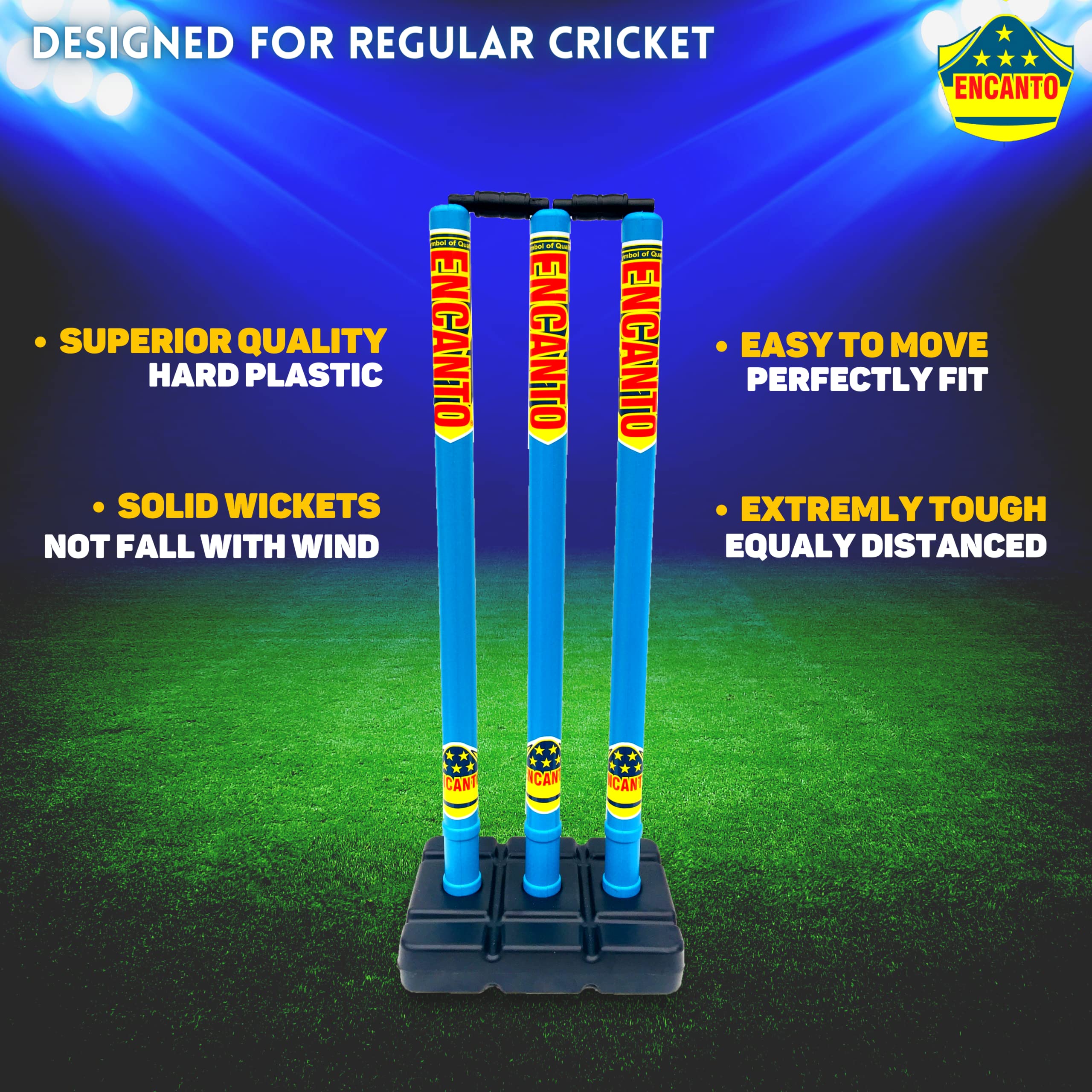 Encanto Wicket Set, Cricket Stumps, Heavy Plastic Cricket Stumps Set - 3 Wickets + 2 Bails + 1 Stump Base Big (Multicolor) 1
