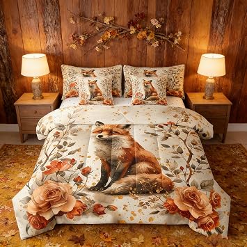 Manfei 7 Pieces Full Size Lovely Fox Comforter Set,Roses Flowers Romantic Bedding Set for Boys Girls,Cartoon Animals Rustic Farmhouse Comforter+Fitted+Flat Sheet+2 Pillowcases+2 Throw Pillow Covers