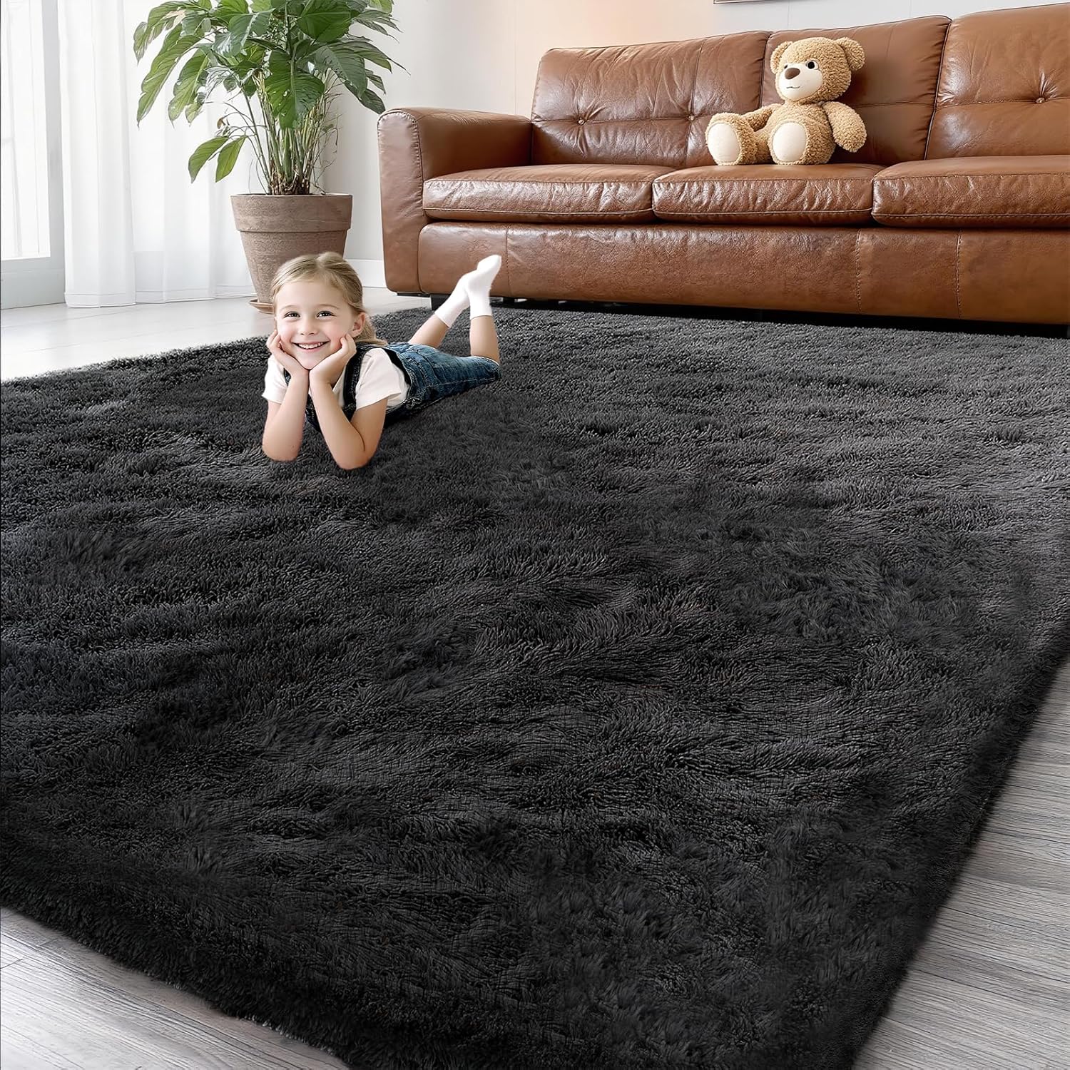 Shag Black Rug 6x9 Area Rugs for Bedroom Living Room - Non Slip Ultra Soft Large Fluffy Fuzzy Plush Shaggy Furry Bedside Rug for Dorm Kids Room Nursery Playroom,Home Office Modern Carpet