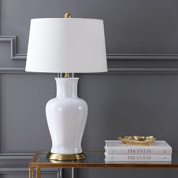 JONATHAN Y 29 White/Gold Traditional Ceramic Urn LED Table Lamp for Bedroom Decor, White Linen Drum Shade, Classic Nightstand Lamp for Living Room, LED Bulb Included JYL4026A