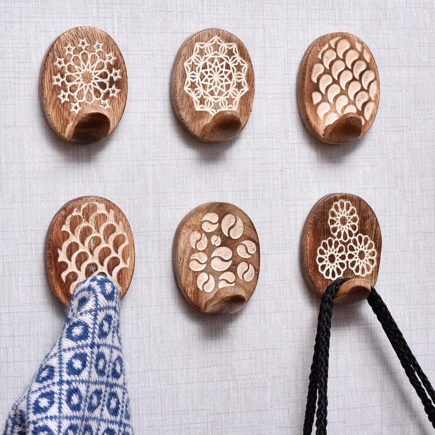 Indian Shelf Boho Wood Adhesive Wall Hooks for Towels, Keys and Bags - Decorative No-Drill Hooks for Entryway, Kitchen and Bathroom - 6 Pack with 12 Strips