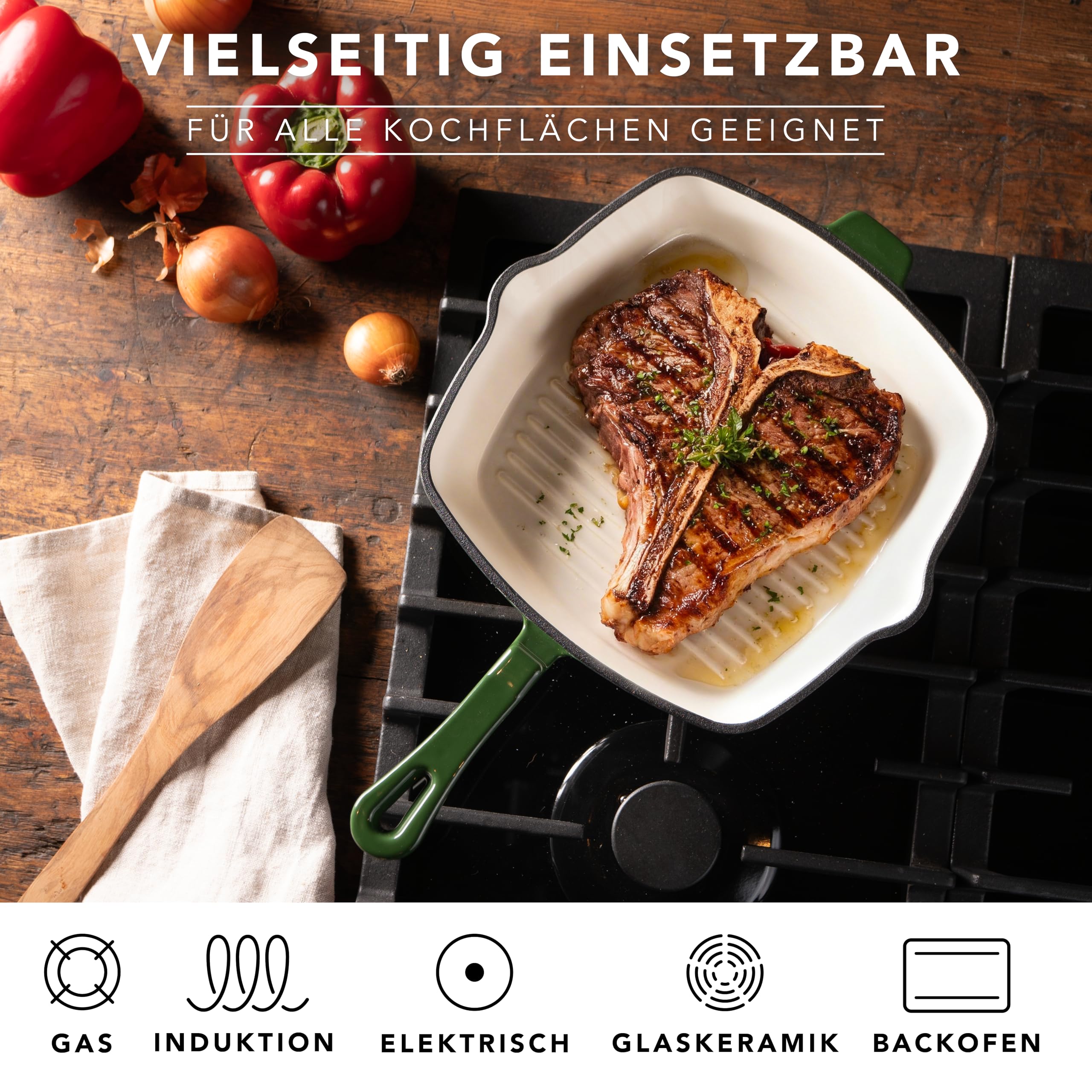 Römertopf Poêle carrée en fonte 24 cm – Poêle à steak avec revêtement émaillé, tous les types de feux, y compris l'induction, passe au four 250 °C, rôtir sans graisse, sans PFAS, vert foncé