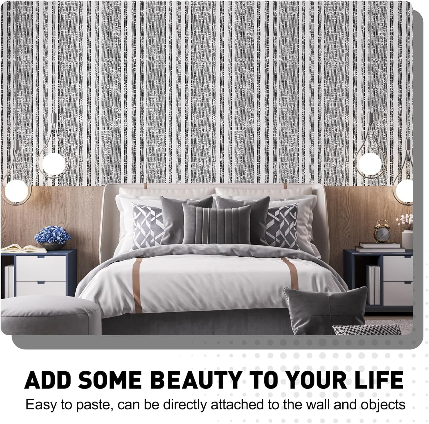 Modern Peel and Stick Wallpaper 17.3"x480" Boho Contact Paper Black Striped Wall Paper Self-Adhesive Vinly Waterproof for Bedroom Bathroom Wall Covering Cabinets Decor