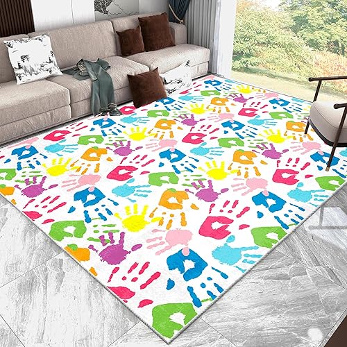 Miniatura 2 de Alfombra colorida con estampado de manos para niños, para sala de juegos, aula, guardería, bonita alfombra de piso de 8 x 10 pies