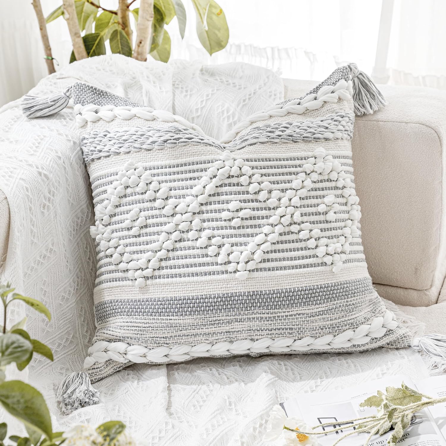 BlissBlush Gray Cream White Boho Throw Pillow Cover 20X20, Boho Woven Textured Pillow Cover, Neutral Pillow Cover, Sofa Couch Bed Farmhouse Lumbar Pillow (Cover ONLY)