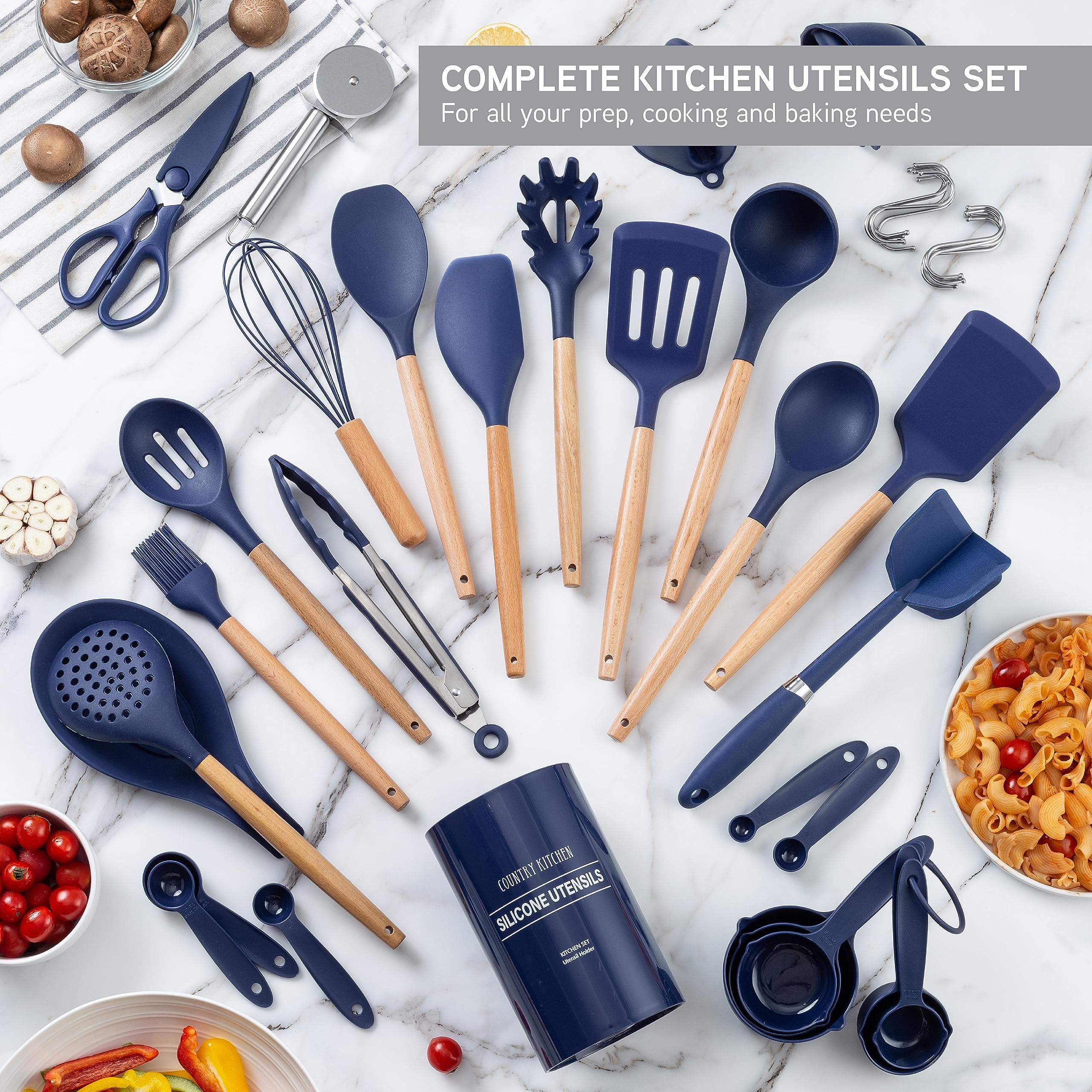 Country Kitchen Juego de utensilios de silicona antiadherente con asas redondeadas de madera para cocinar y hornear, juego de 38 piezas, azul marino