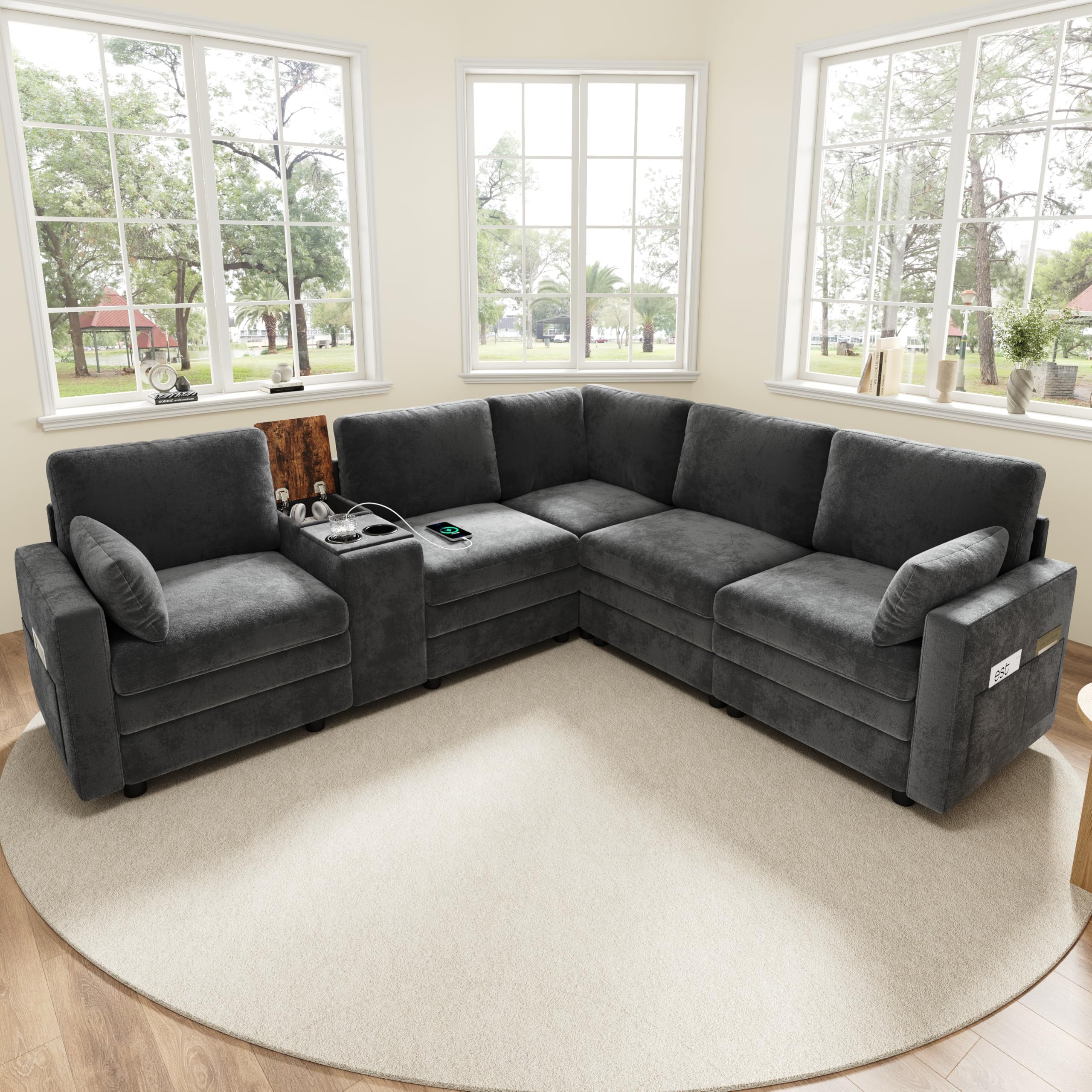 Sapgaks Canapé d'angle en Forme de L avec USB et Porte-gobelet,Canapé modulaire 5 Places avec Console Centrale Rabattable et Espace de Stockage,Canapé Nuage,Convient pour Le Salon et la Chambre,Gris