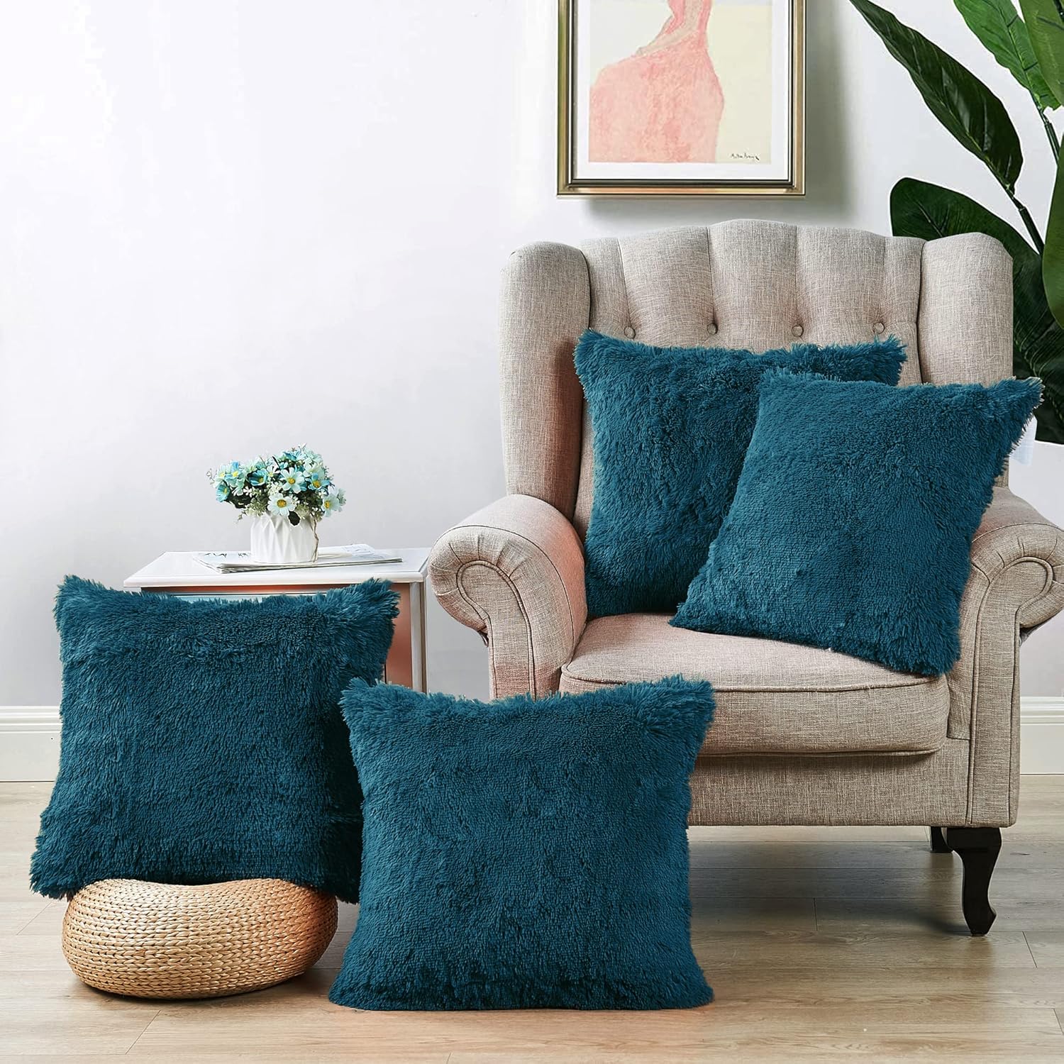 Shaggy Furry Fluffy Faux Fur Decorative Square Throw Pillow Covers 20 x 20 Inches Set of 4, Plush Soft Luxury Cushion Case Pillowcase for Couch Bed Car Bedroom Living Room, Teal