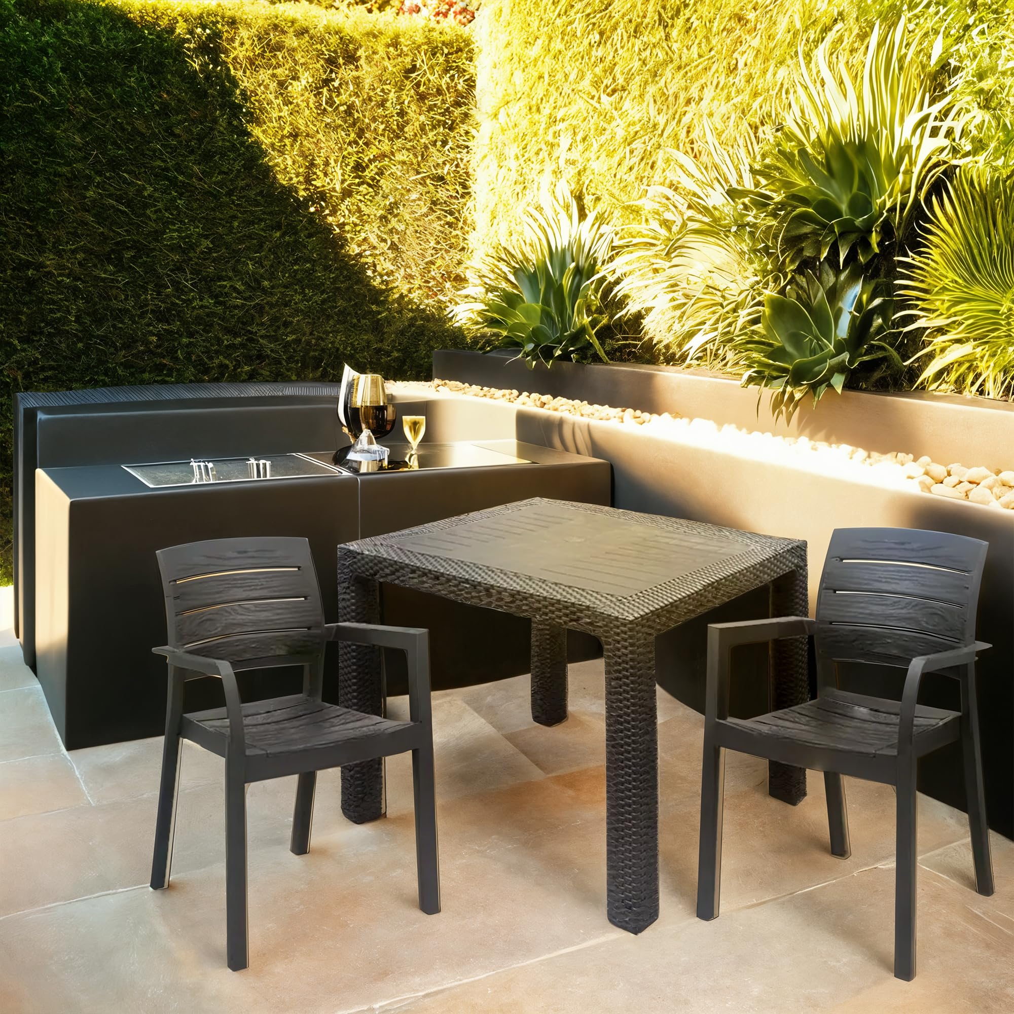 Sicignano | Set Sedie e Tavolo 90x90cm Completo Antracite, Resistente UV, per Esterni e Interni, Adatto a Bar Ristoranti Pizzerie Spazi Commerciali (1, 2 Sedie 1 Tavolo)