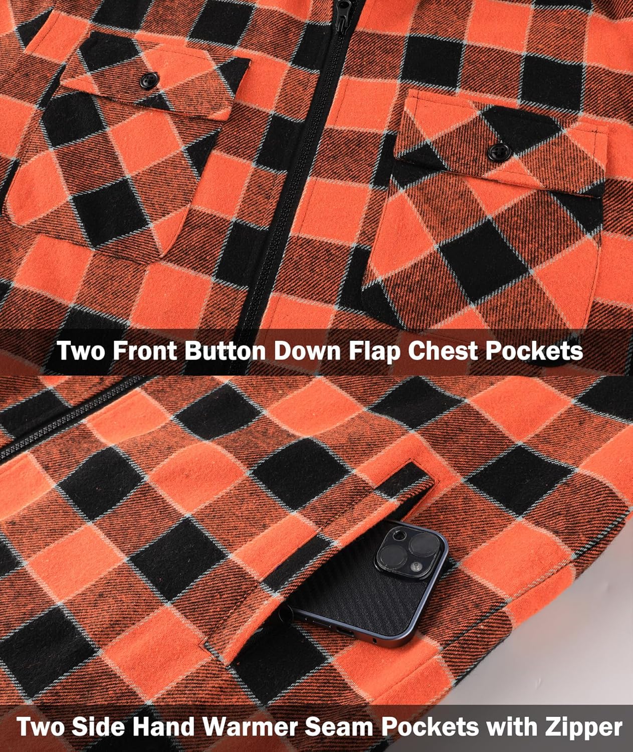 V VALANCH Men's Flannel Shirt Jacket with Hood Fleece Lined Plaid Jacket Zip Up Winter Warm Coat - Image 4