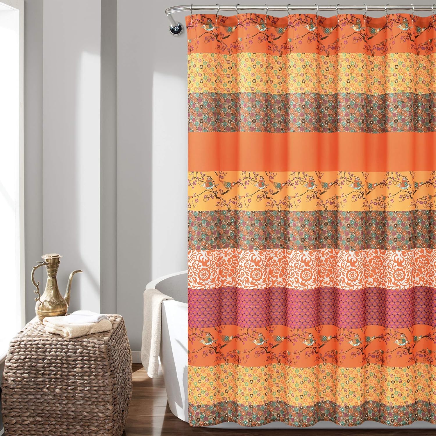 Lush Decor Royal Empire Shower Curtain, 72" W x 72" L, Tangerine - Striped Shower Curtain - Orange Bathroom Curtain - Boho Decor - Fabric Shower Curtains