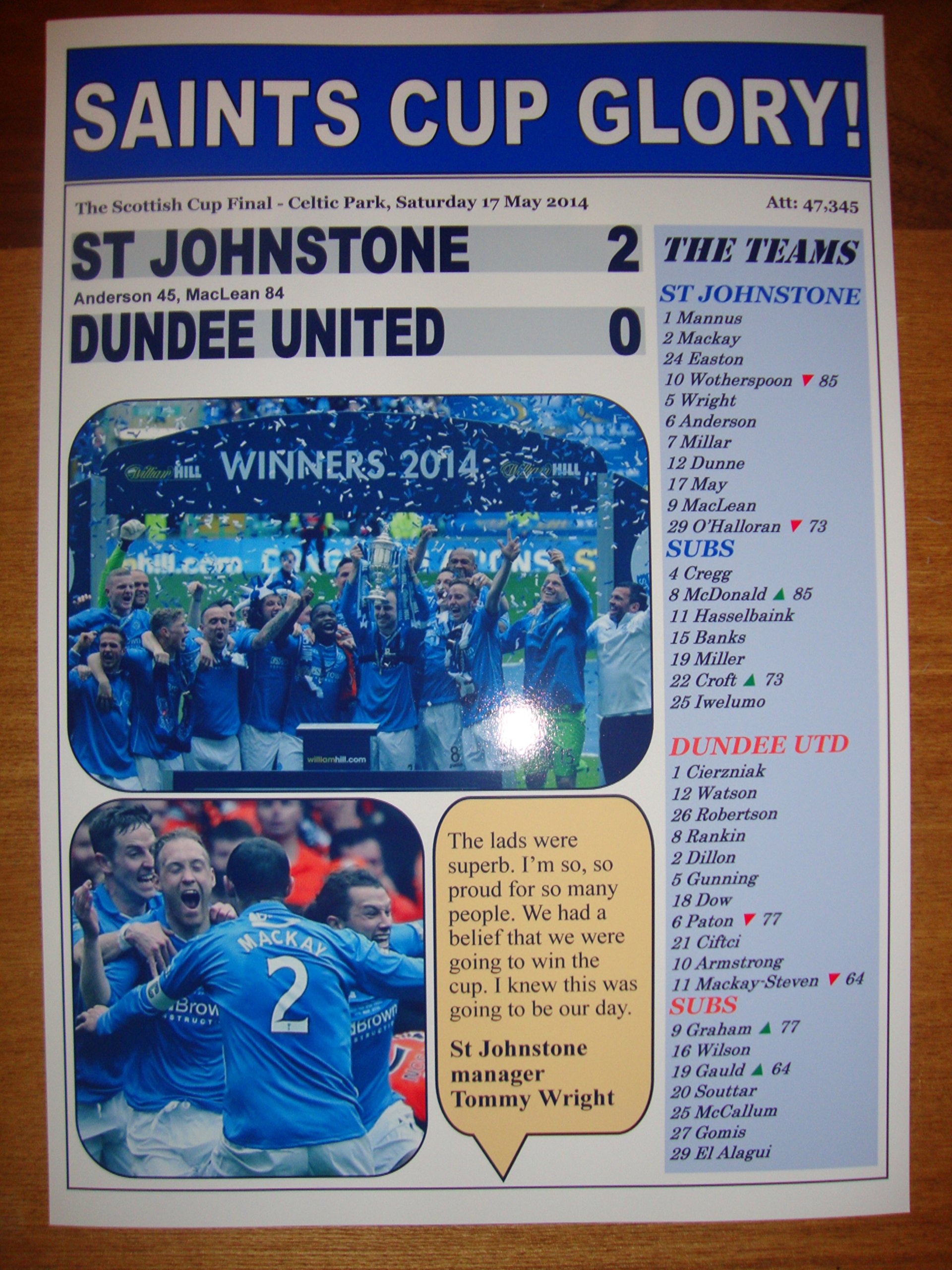Lilywhite Multimedia Blue St Johnstone 2 Dundee United 0 - 2014 Scottish Cup Final - Souvenir Print