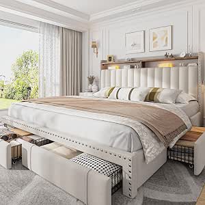 EnHomee Queen Bed Frame with 3 Storage Drawers & Upholstered Headboard