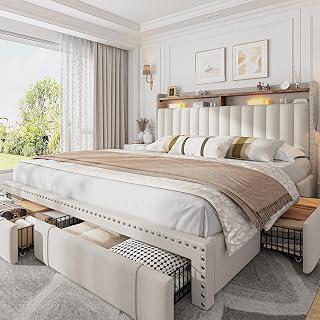 EnHomee Queen Bed Frame with 3 Storage Drawers & Headboard,Upholstered | 2 Side Pockets,Under-Bed Space,Noise-Free, No Box Spring Needed,Easy Assembly,1000lbs for Bedroom Apartment, Beige